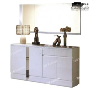White MDF Board With Glass Top For Sideboard And With Wall Mirror