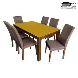 6 Seater Dining Set With Glass Top And Wooden Leg For Chair And Table