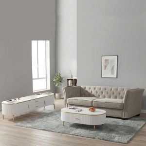 Modern Luxury Living Room Set: Sofa, Ceramic Top TV Stand & Coffee Table
